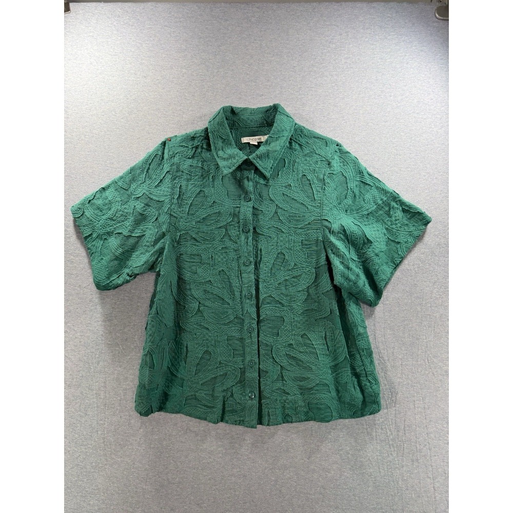 Chico's Green Textured Burnout Button Front Blouse Women's Size 00 US 2 Relaxed